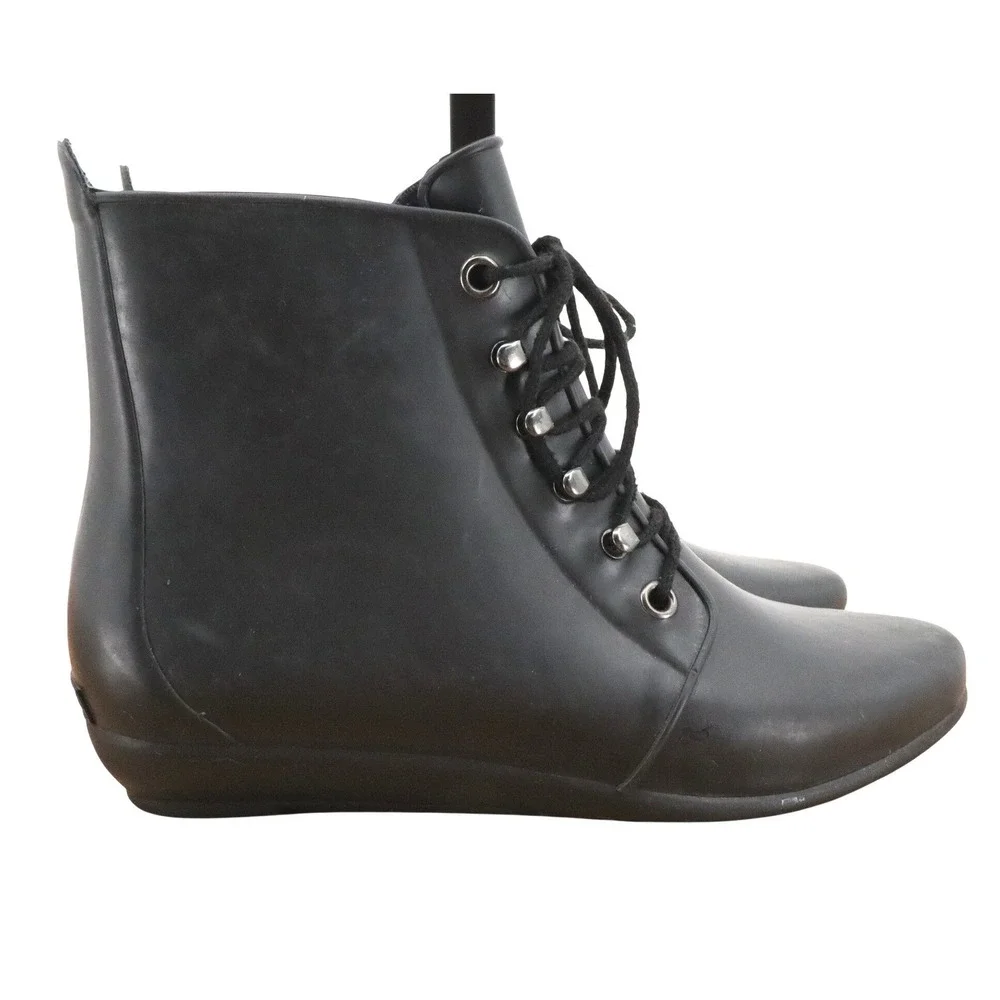 Loeffler Randall Black Lace Up Ankle Rain Boots Womens 7 Waterproof Rubber